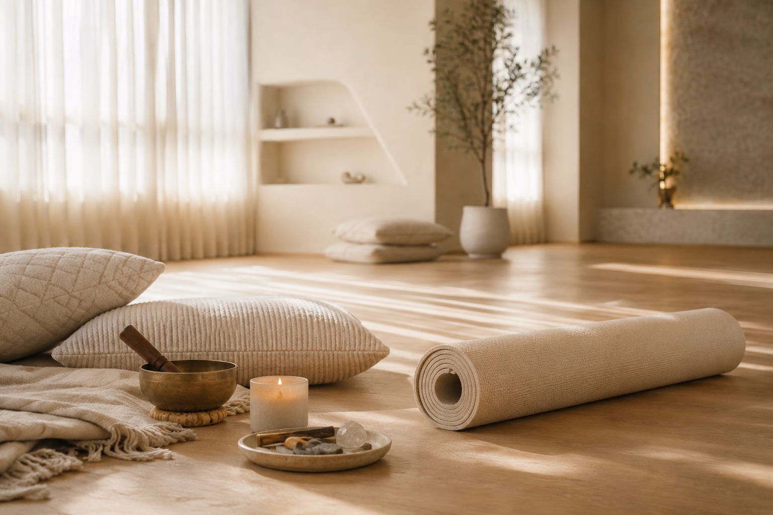 Detalji yoga studija, svijeće i zdjela